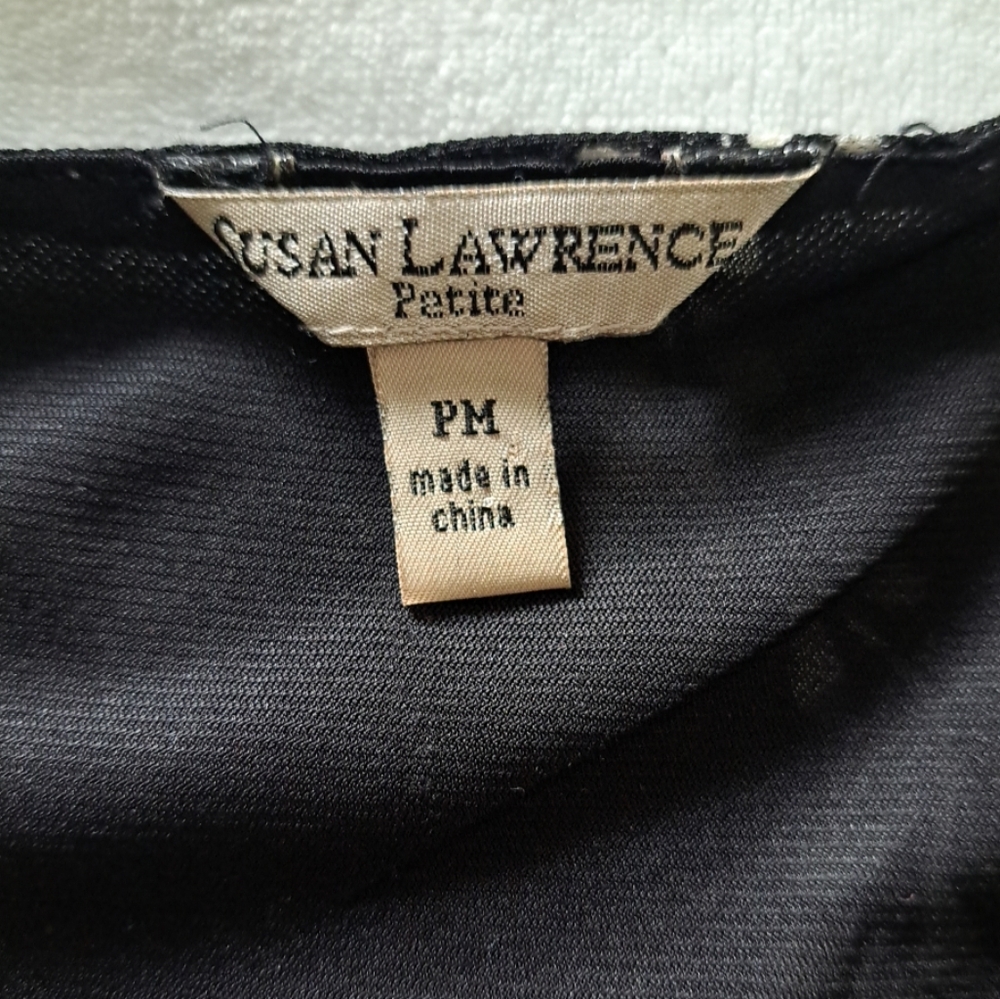 Susan Lawrence Faux Wrap Top Black White Paisley Floral Y2K Long Slv Ruched PM - Picture 2 of 15